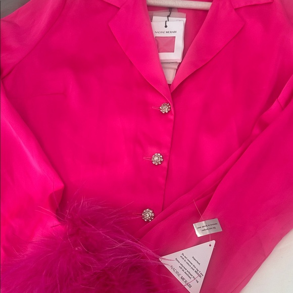 NADINE MERABI Vibrant Hot Pink Blouse Feathered Ensemble - Picture 8 of 8